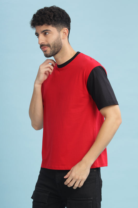 Men's Boxy Fit Solid Red Black T-Shirt