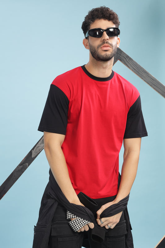 Men's Boxy Fit Solid Red Black T-Shirt