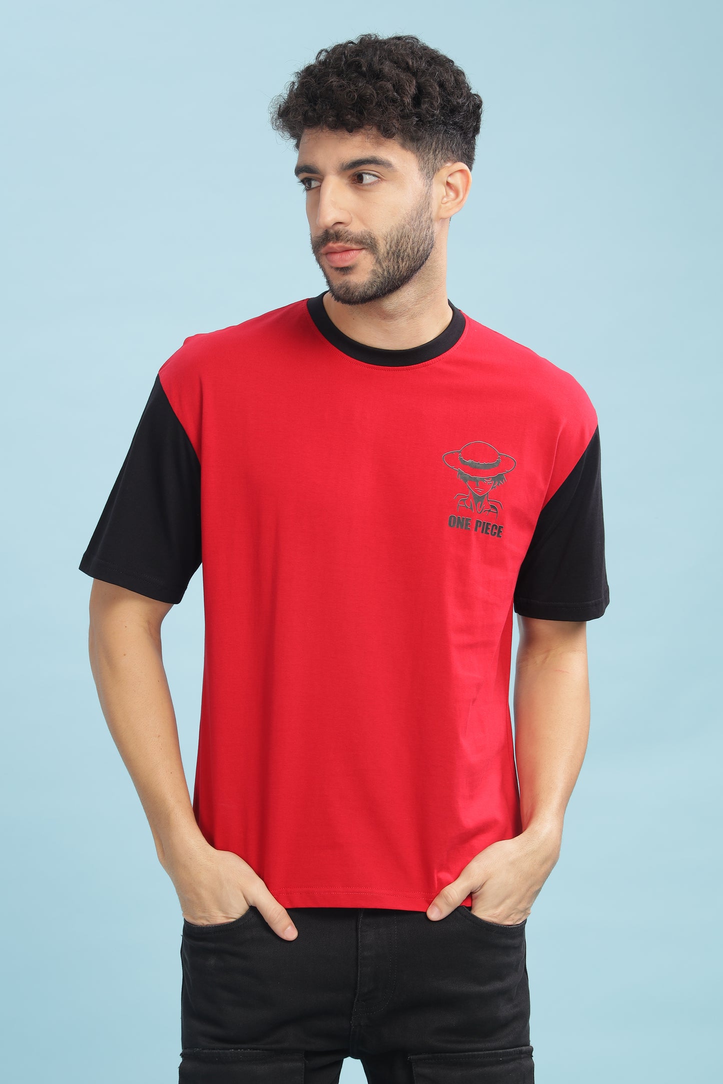 Men's Red Black Oversized T-shirt - Monkey Luffy | Anime