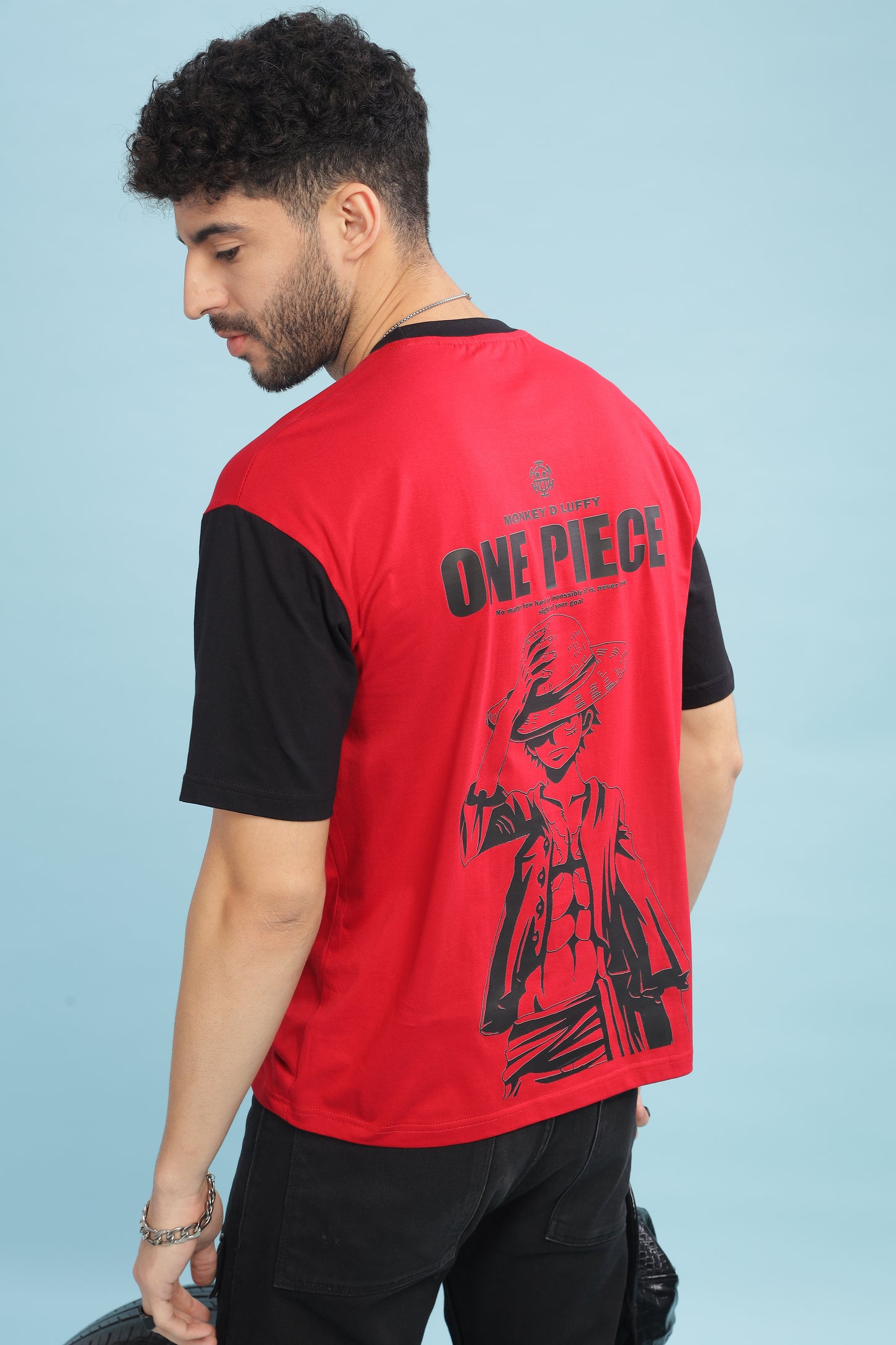 Men's Red Black Oversized T-shirt - Monkey Luffy | Anime