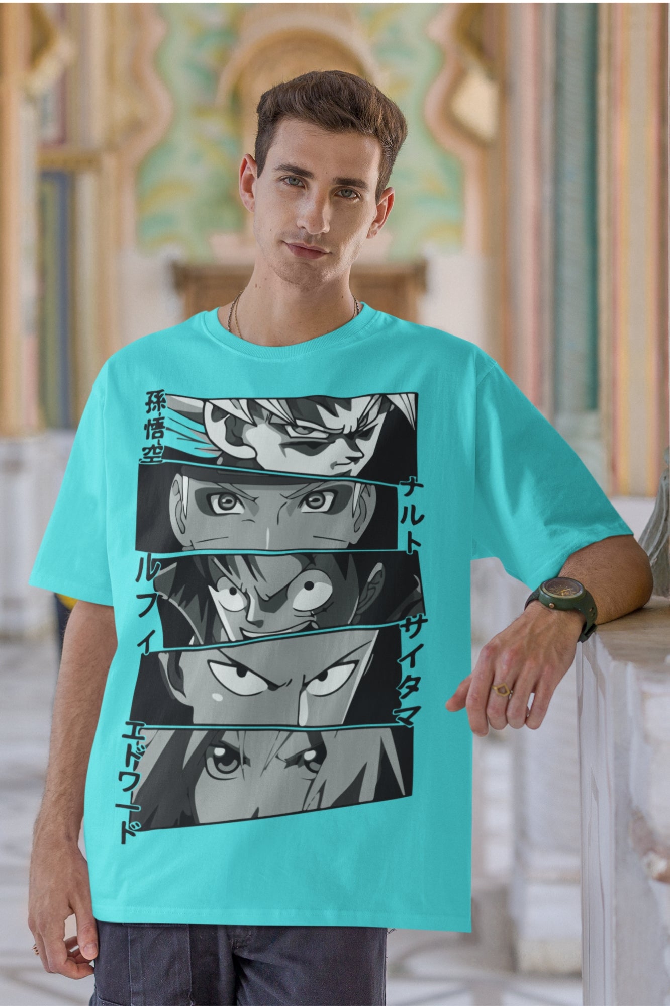 Men's Cyan Oversized T-shirt - Anime Eyes