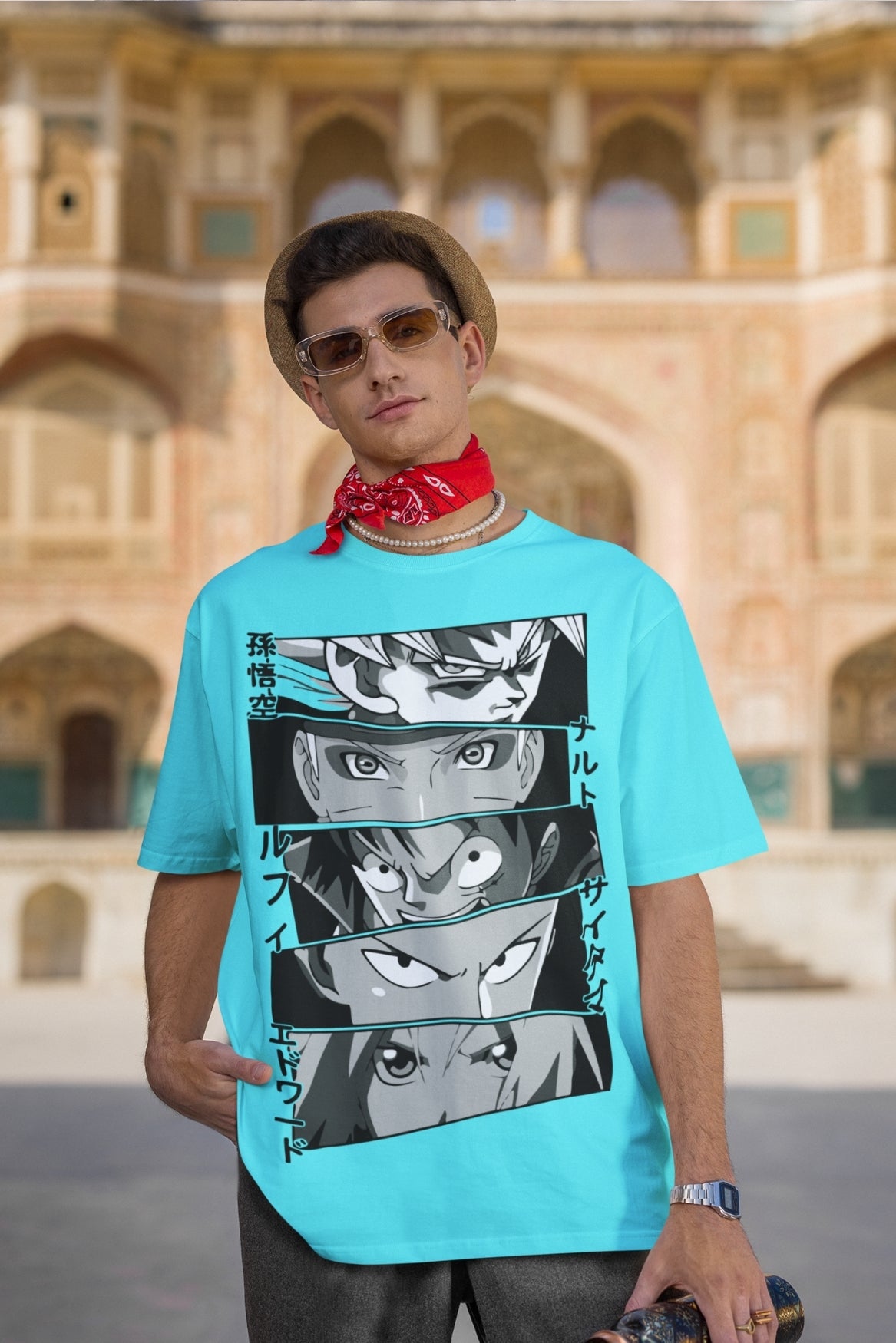 Men's Cyan Oversized T-shirt - Anime Eyes