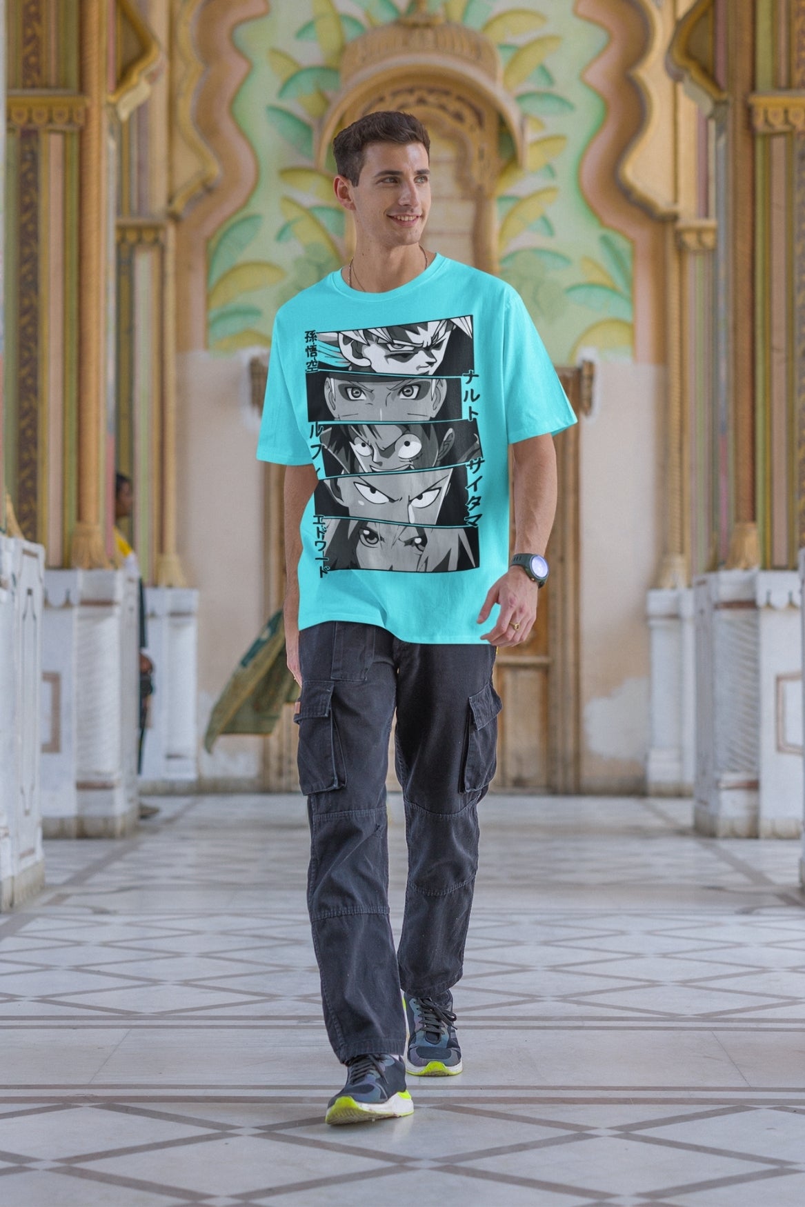 Men's Cyan Oversized T-shirt - Anime Eyes