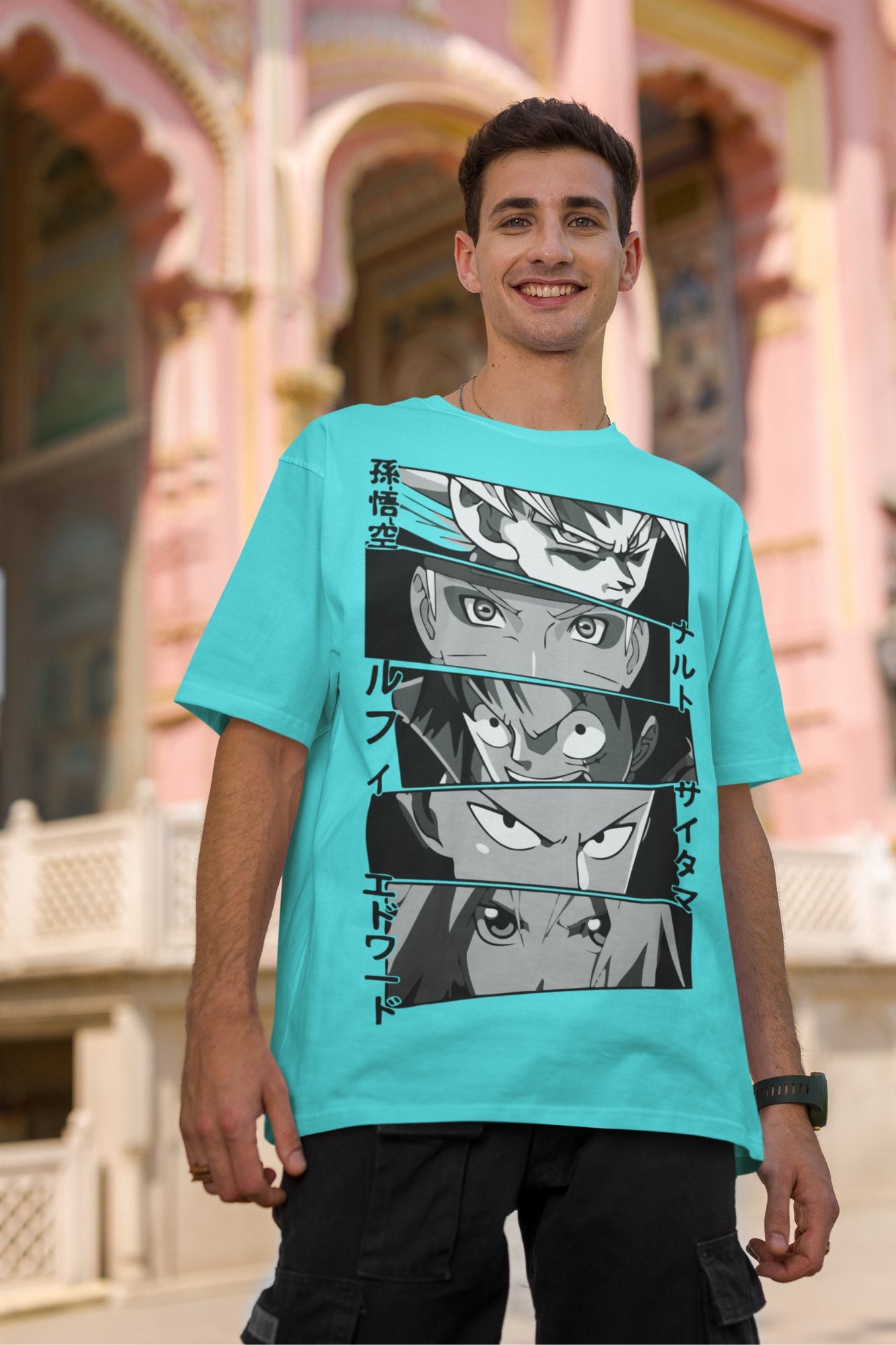 Men's Cyan Oversized T-shirt - Anime Eyes