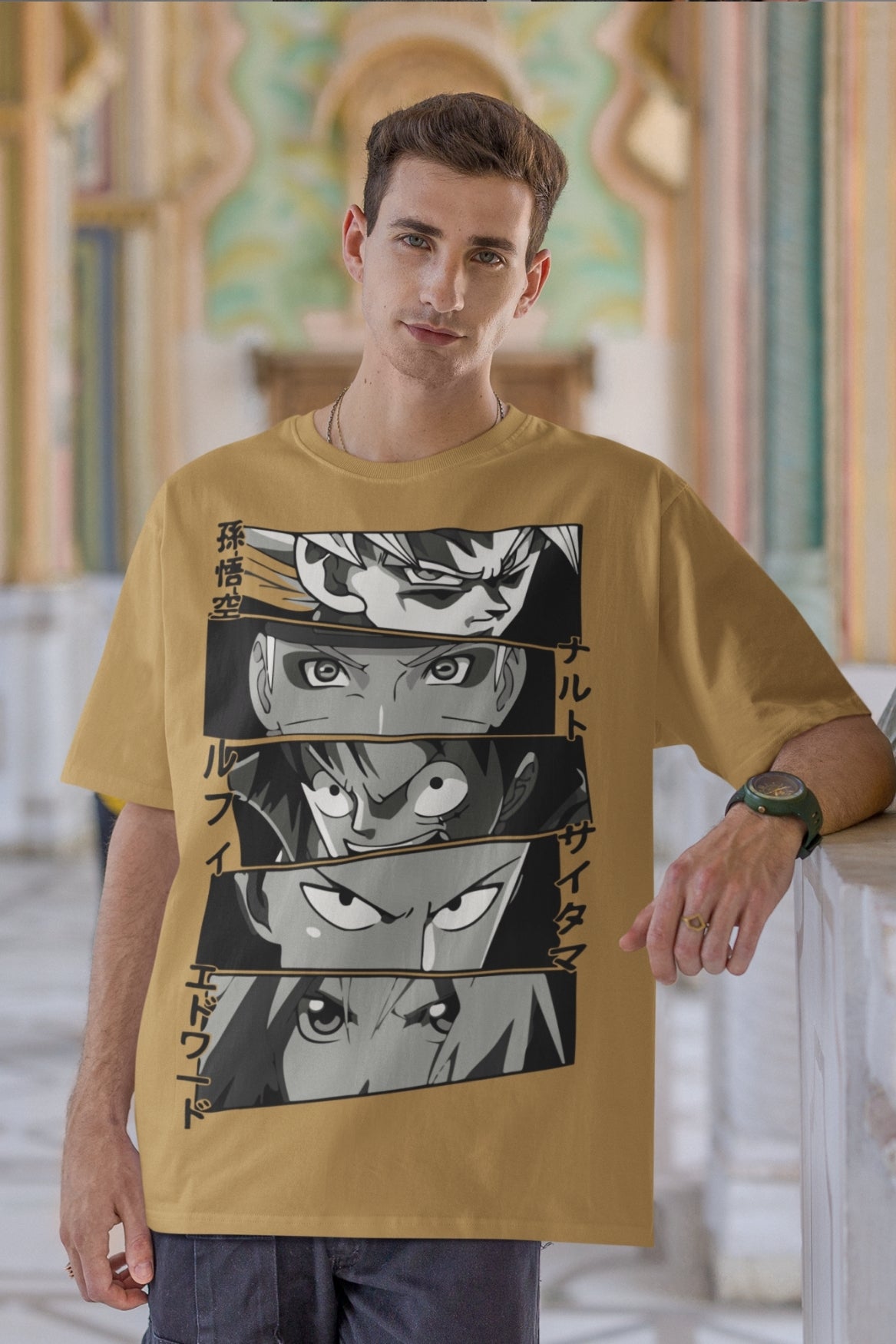 Beige Oversized Tshirt with Anime eyes print