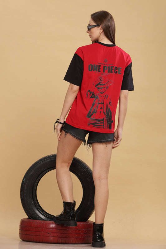 Women's Red Black Oversized T-shirt - Monkey Luffy | Anime