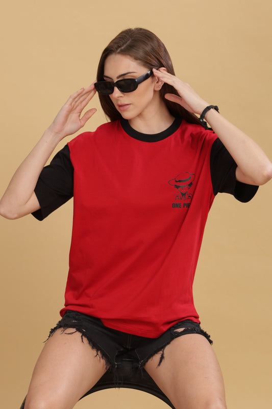 Women's Red Black Oversized T-shirt - Monkey Luffy | Anime