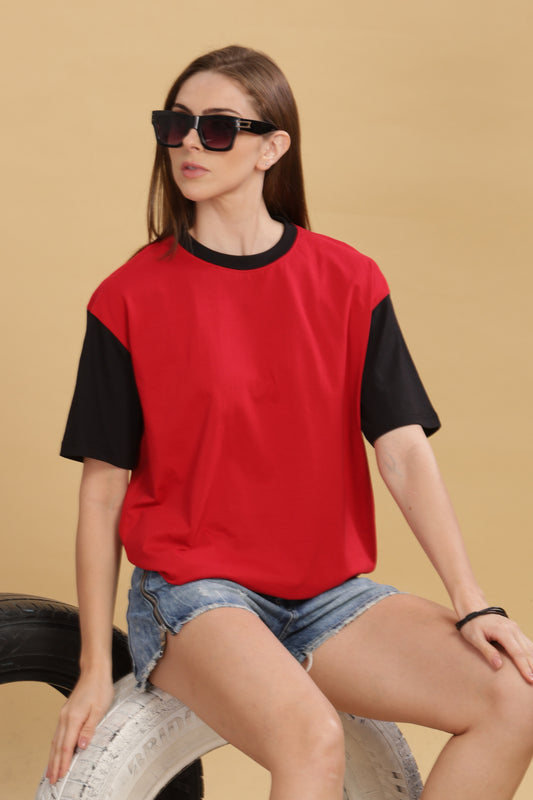 Women's Boxy Fit Solid Red Black T-Shirt