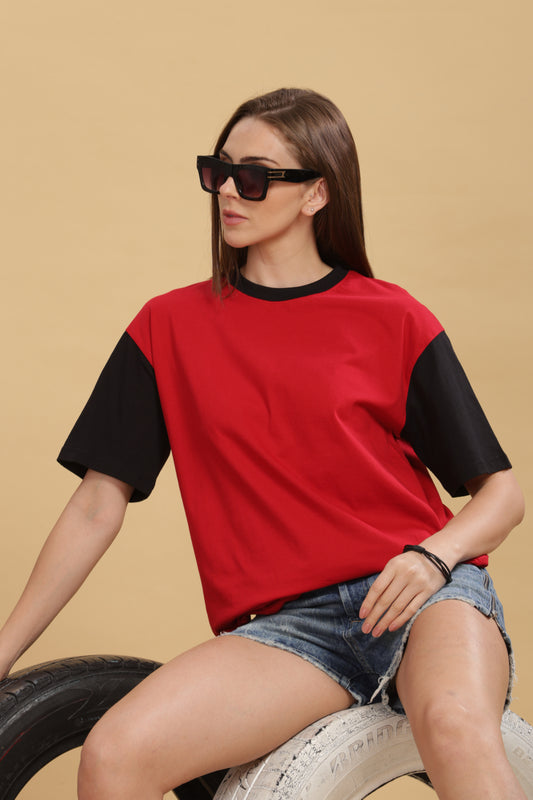 Women's Boxy Fit Solid Red Black T-Shirt