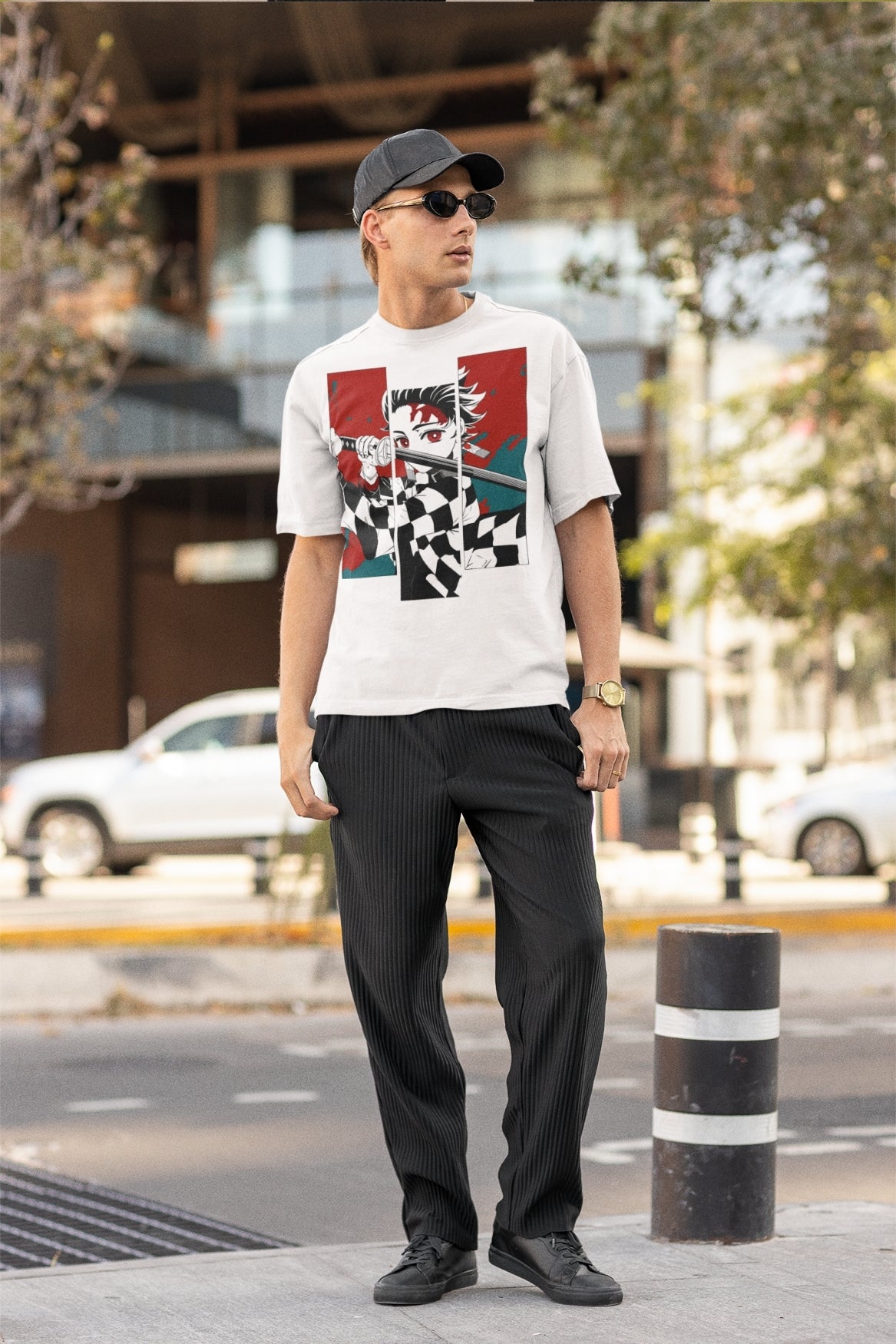 Model wearing tanjiro printed anime print on white Oversized tshirt